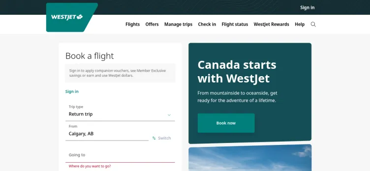 Screenshot WestJet Airlines