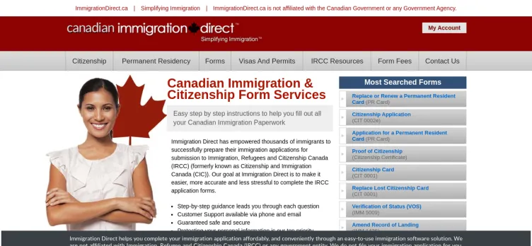 Screenshot Immigration Direct Canada / International Form Services
