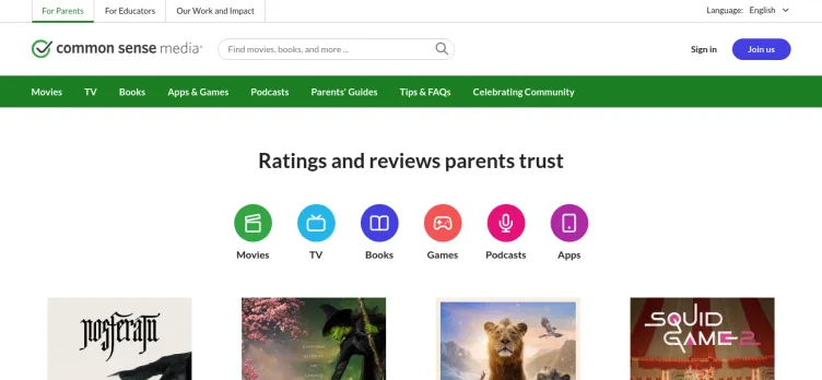 Screenshot Common Sense Media