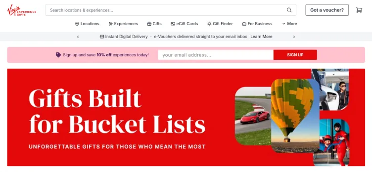 Screenshot Virgin Experience Gifts