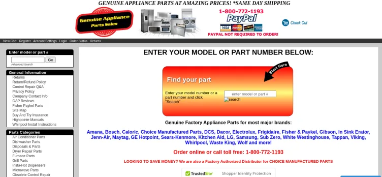 Screenshot Genuine Appliance Parts Sales