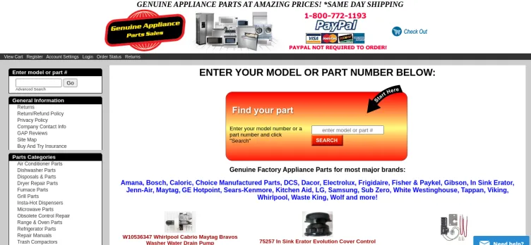 Screenshot Genuine Appliance Parts Sales