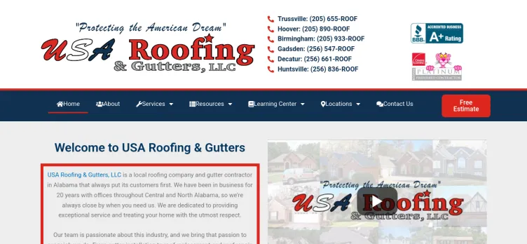 Screenshot USA Roofing & Gutters