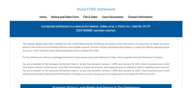 Screenshot Vivint FCRA Settlement