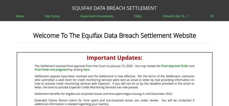 Screenshot Equifax Data Breach Settlement
