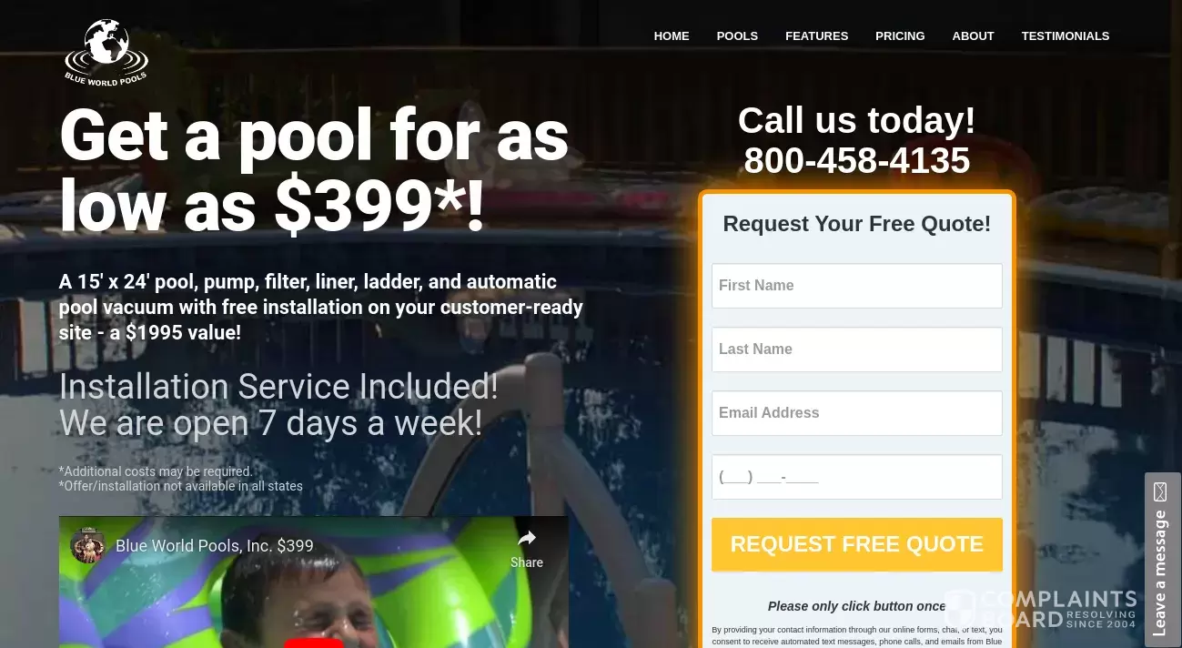 Blue World Pools Reviews, Complaints, Customer Claims ComplaintsBoard