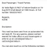 Air India - missed flight because of your system fault information