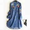 Wish - Autumn and Winter New Women Clothing Round Neck Long Sleeve Embroidery Print Casual Plus Size Loose Shirt Denim Dress