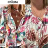 Chicme - Leaf Print Buttoned Lantern Sleeve Top
