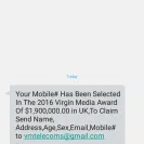 Virgin Media - sms message received about winning money - Photo 1 - comment #1732878